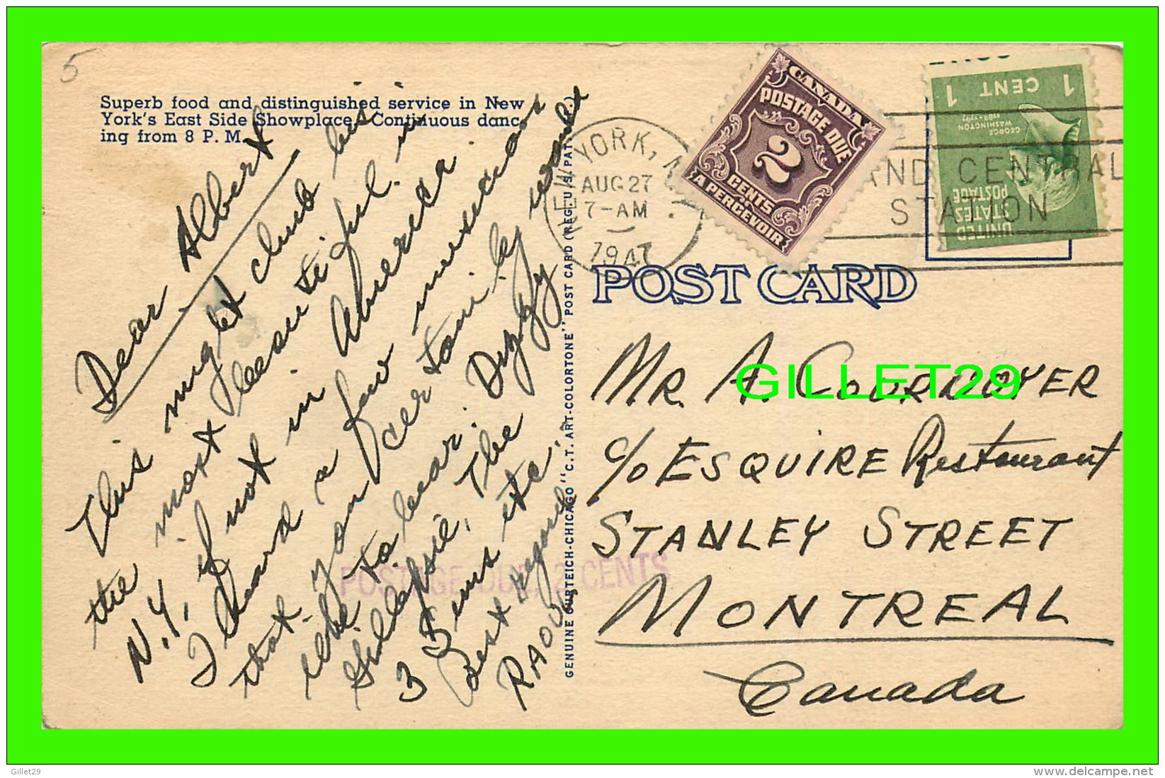 NEW YORK, NY - MONTE CARLO RESTAURANT &amp; MOVIELAND SETTING  - TRAVEL IN 1947 - POSTAGE DUE - - Bares, Hoteles Y Restaurantes