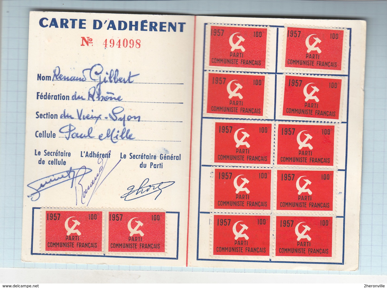 Carte D'ADHERENT   PARTI COMMUNISTE FRANCAIS Année 1957 - Timbres Lénine Au Verso - Documents Historiques