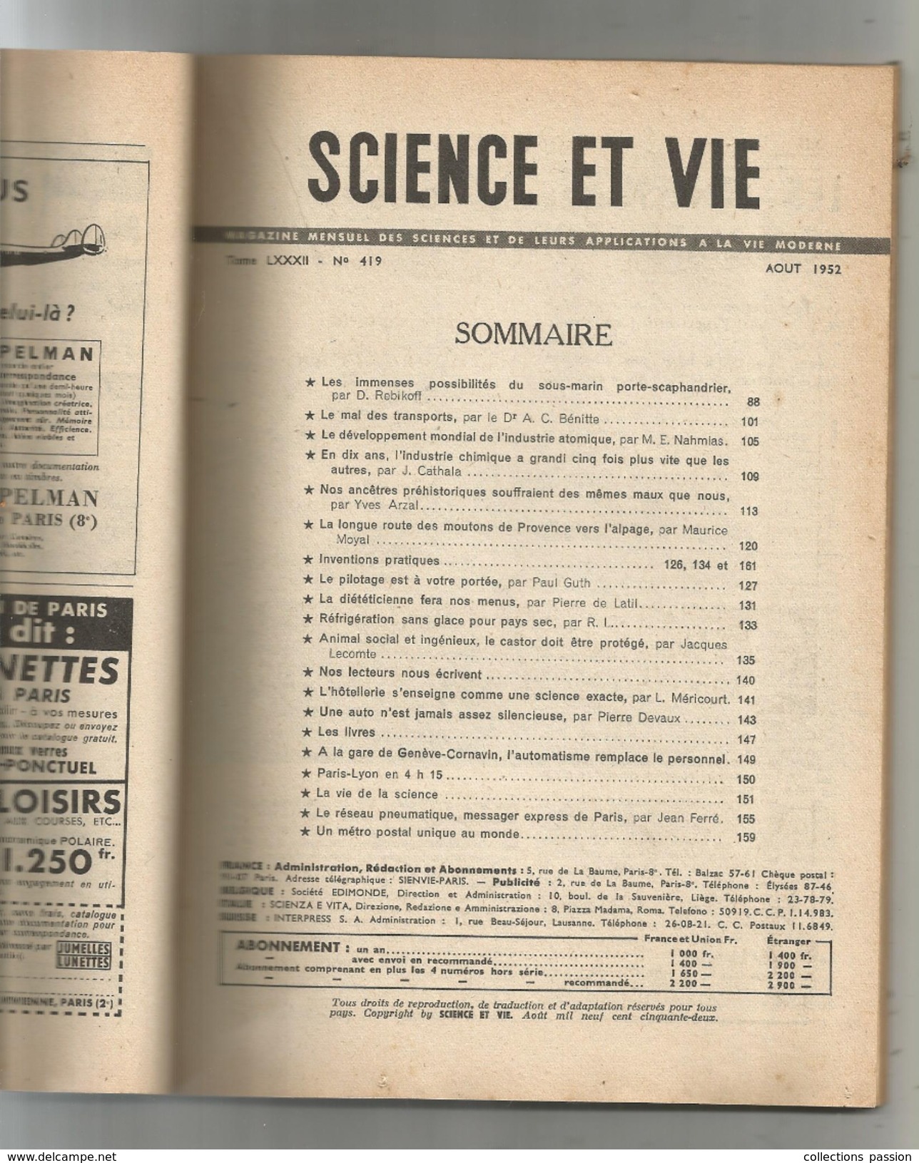 SCIENCE ET  VIE , N° 419 , 1952  , 182 Pages  , 2 Scans , Frais Fr : 2.70 &euro; - Scienze