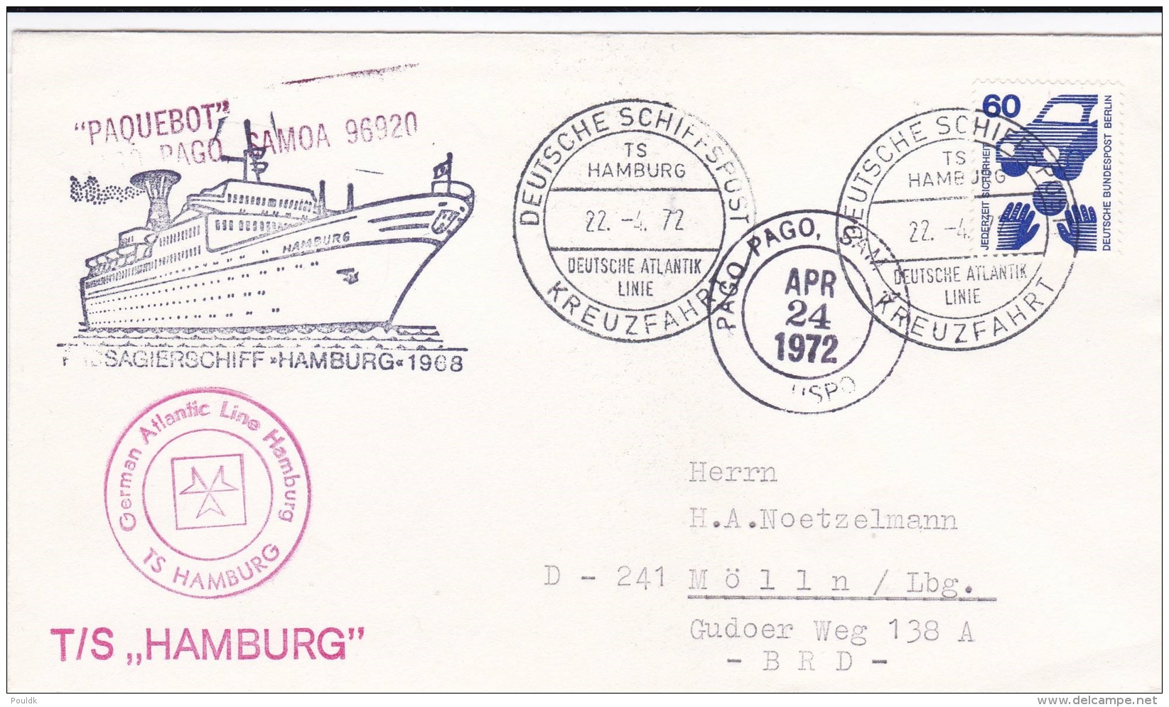 T/S Hamburg German Atlantic Line Posted Pago Pago, Samoa P/m Deutsche Schiffpost Kreuzfahrt 1972  (T11-37) - Barche