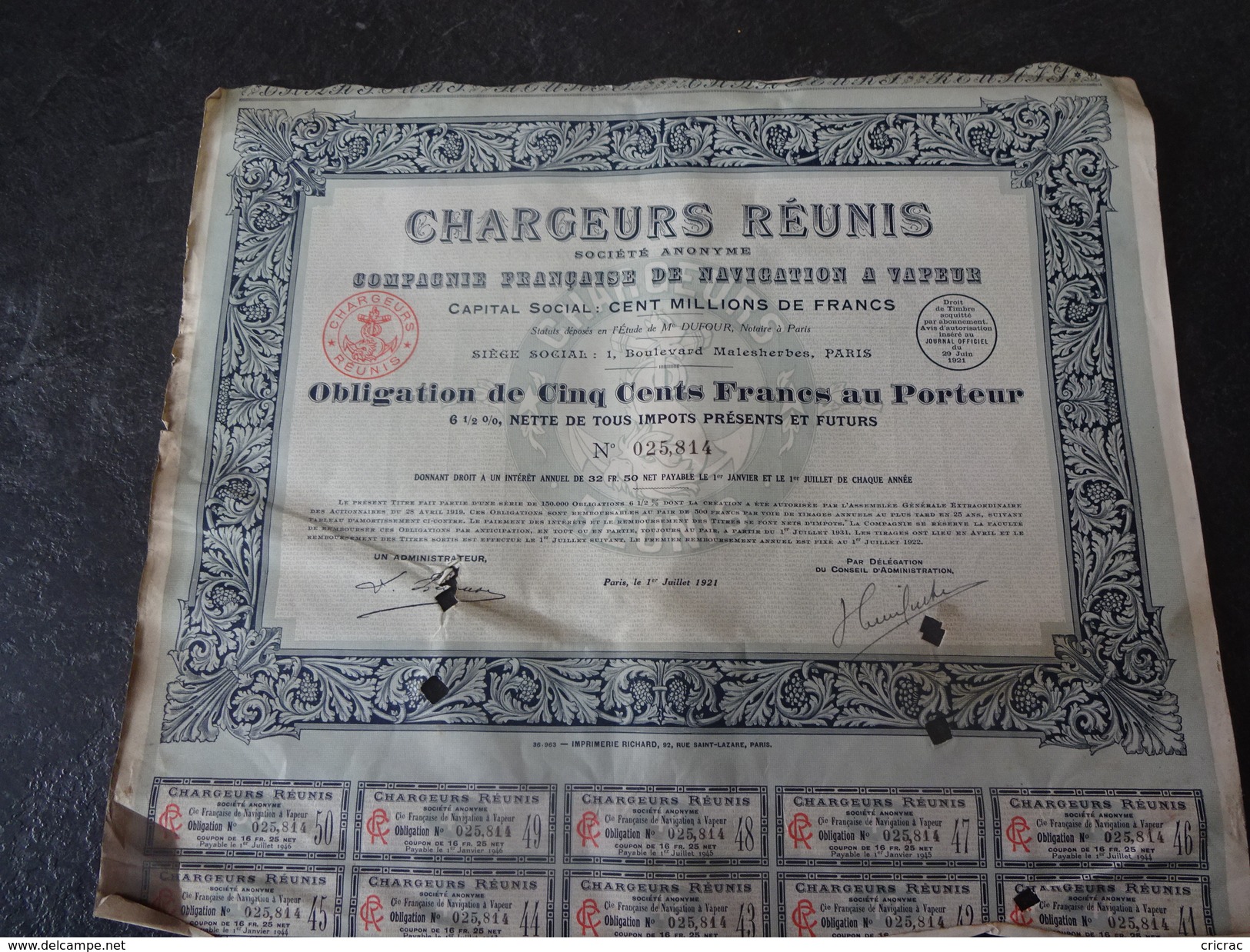 Chargeurs Réunis Obligation De 500 F 6.5% 1921 Dufour Paris - Navigation