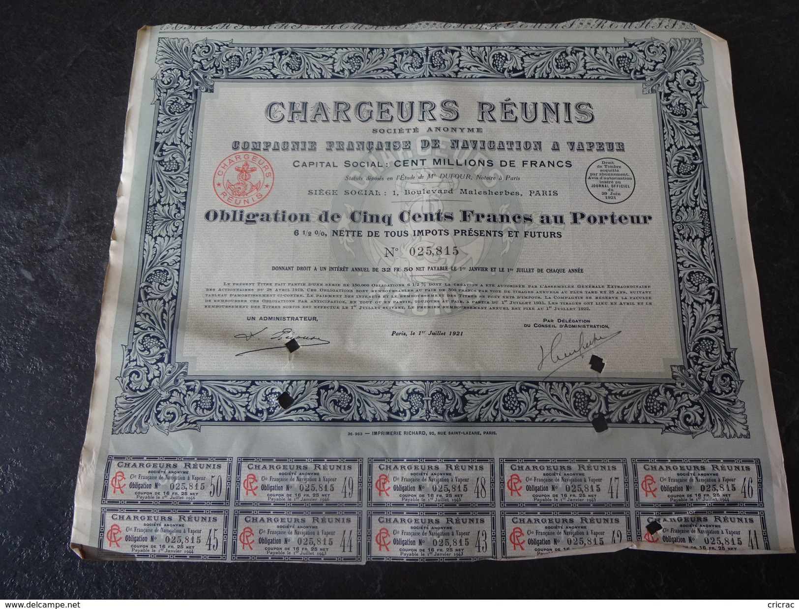 Chargeurs Réunis Obligation De 500 F 6.5% 1921 Dufour Paris - Navigation