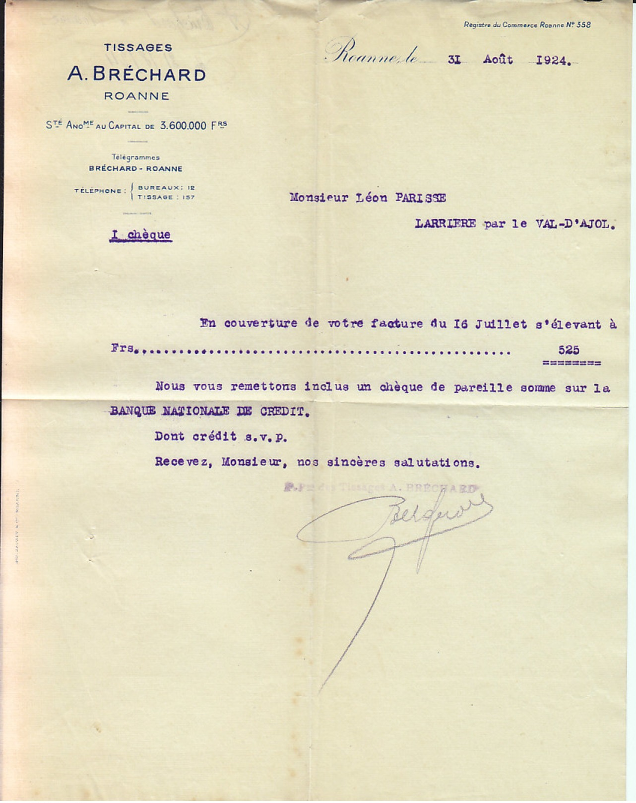 Courrier Des Tissages A. Béchard à Roanne , Loire ,de 1924 - 1900 – 1949