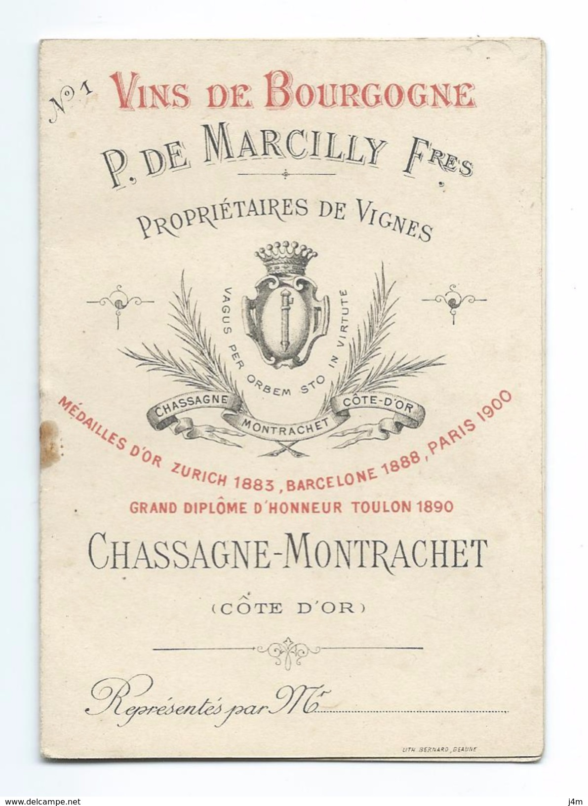 CATALOGUE 1900 De VINS De BOURGOGNE 1895, 1898, 1899, 1900.. P. De MARCILLY Fres à CHASSAGNE-MONTRACHET ( 21) - Werbung