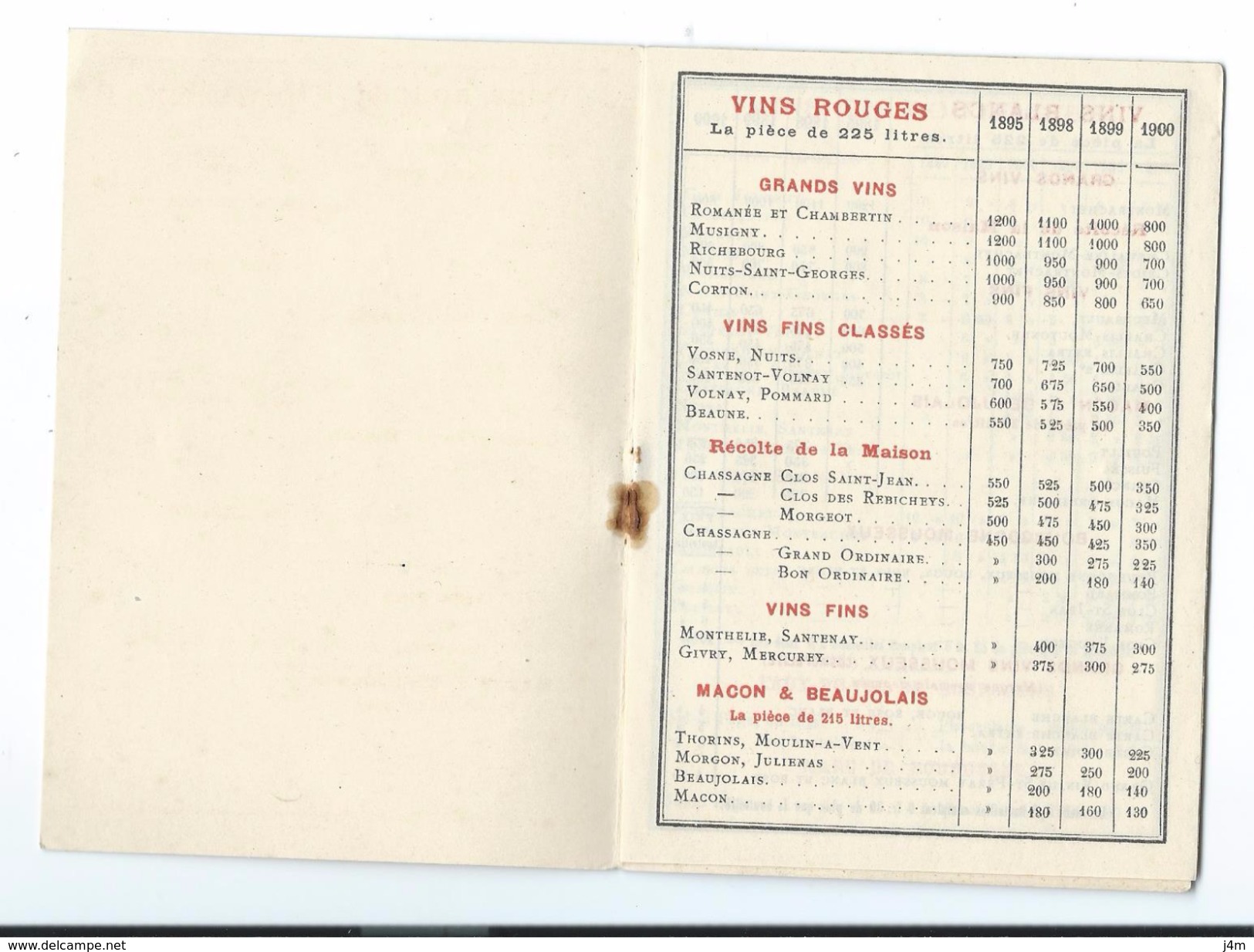 CATALOGUE 1900 De VINS De BOURGOGNE 1895, 1898, 1899, 1900.. P. De MARCILLY Fres à CHASSAGNE-MONTRACHET ( 21) - Werbung