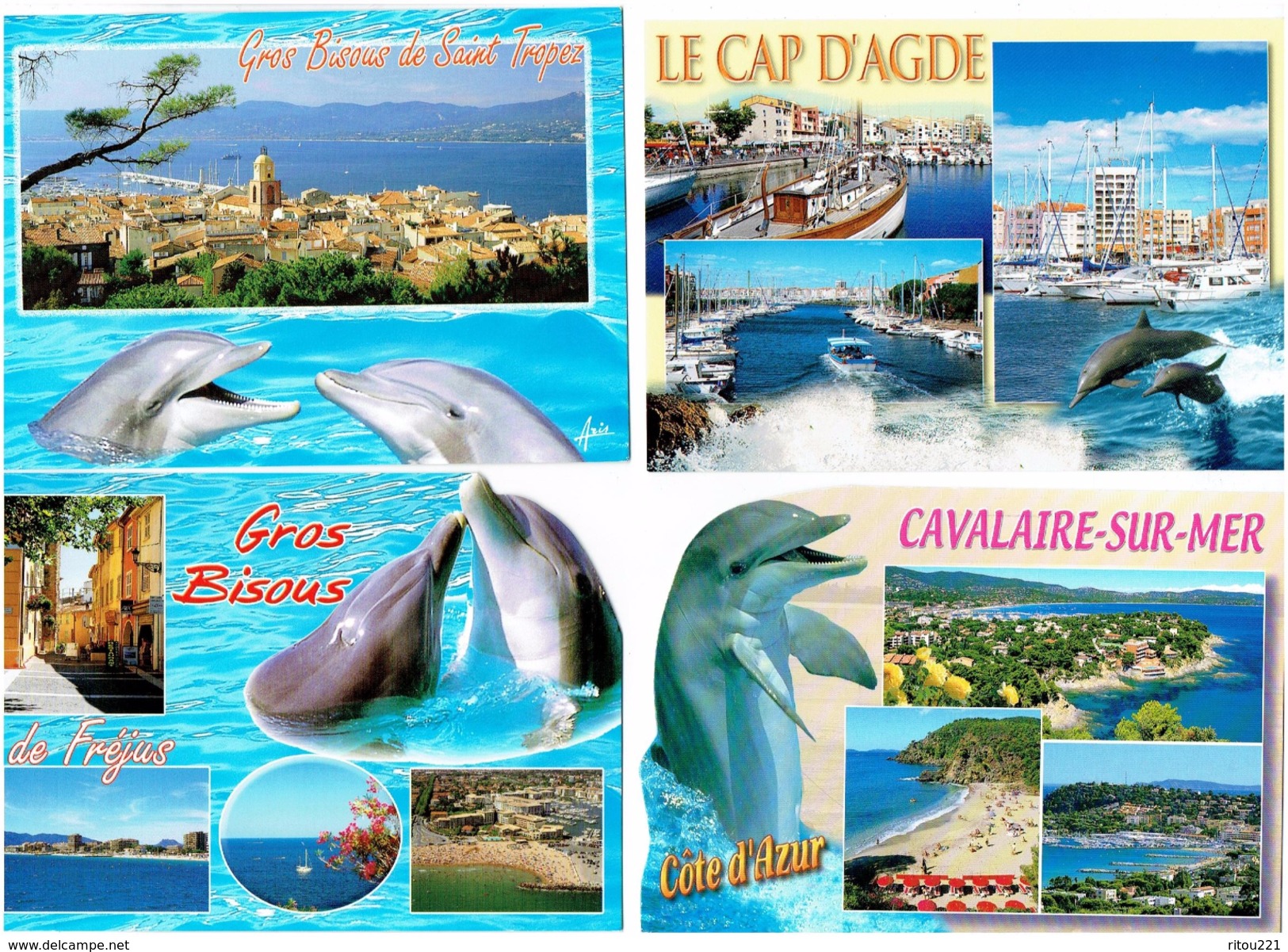 Lot 4 Cpm - Gros Bisous FREJUS SAINT-TROPEZ CAVALAIRE SUR MER CAP D'AGDE - Décor Dauphin Dauphins - AXA Assurances - Dauphins