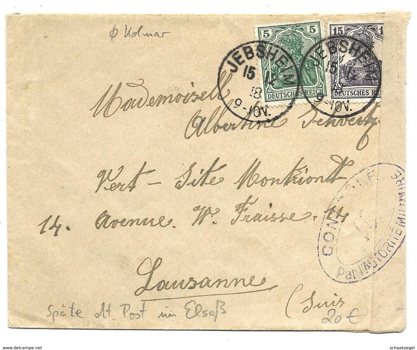 Elsass, Alsace,   	Brief Jebsheim Nach Lausanne (Ch) 15-12-1918			170501 - Covers & Documents