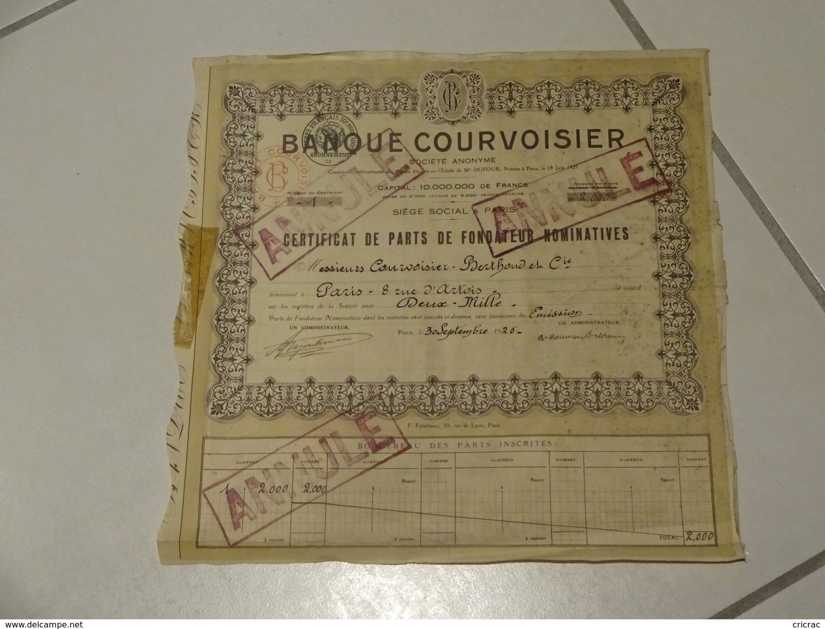 Exceptionnel Certificat De Parts De Fondateur Parts 1 à 2000 ANNULE Pour 2000 Parts Banque Courvoisier 1925 Paris - Banque & Assurance