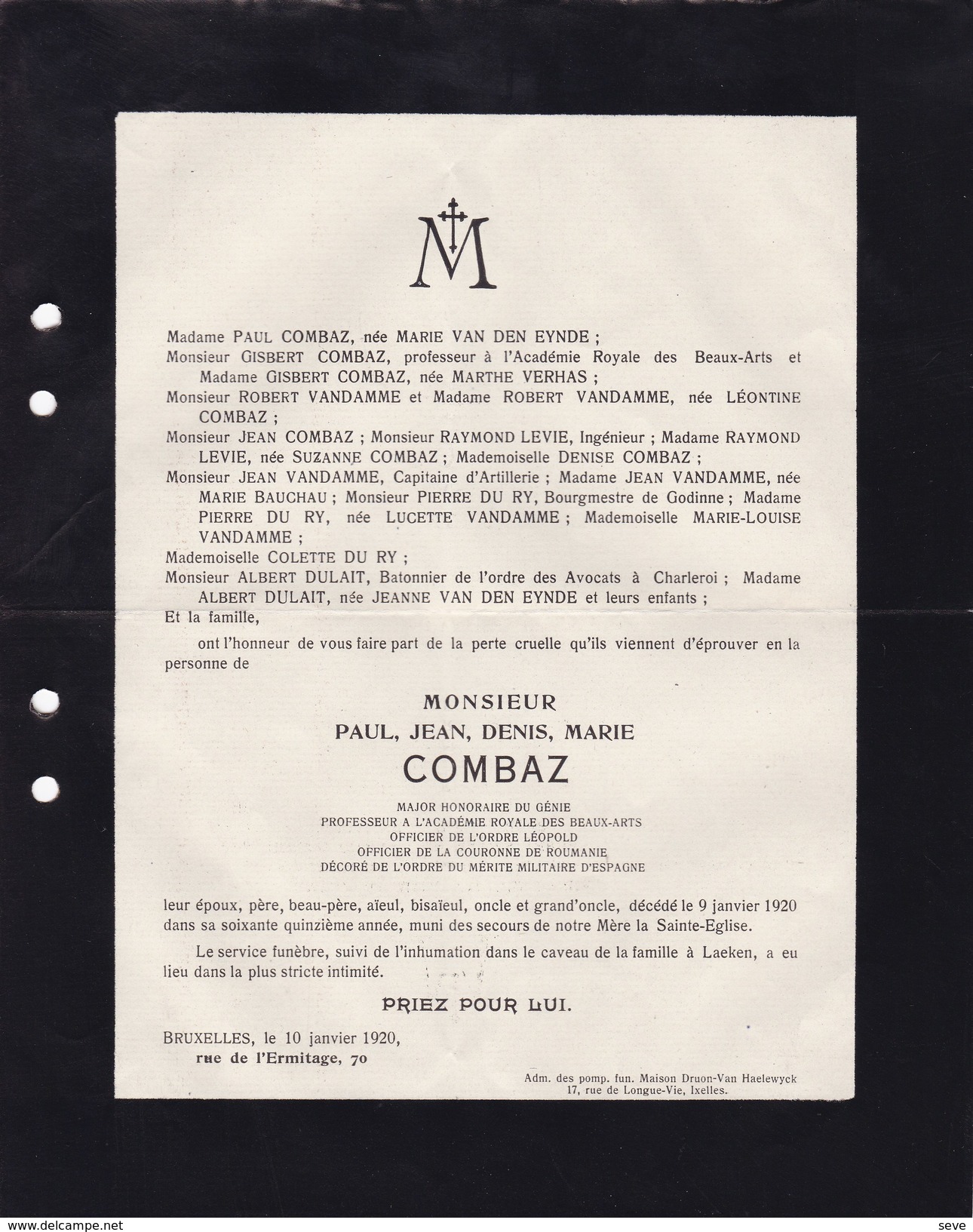 BRUXELLES LAEKEN Paul COMBAZ 75 Ans 1920 Major Du Génie Professeur Académie Royale Des Beaux-Arts VAN DEN EYNDE - Décès