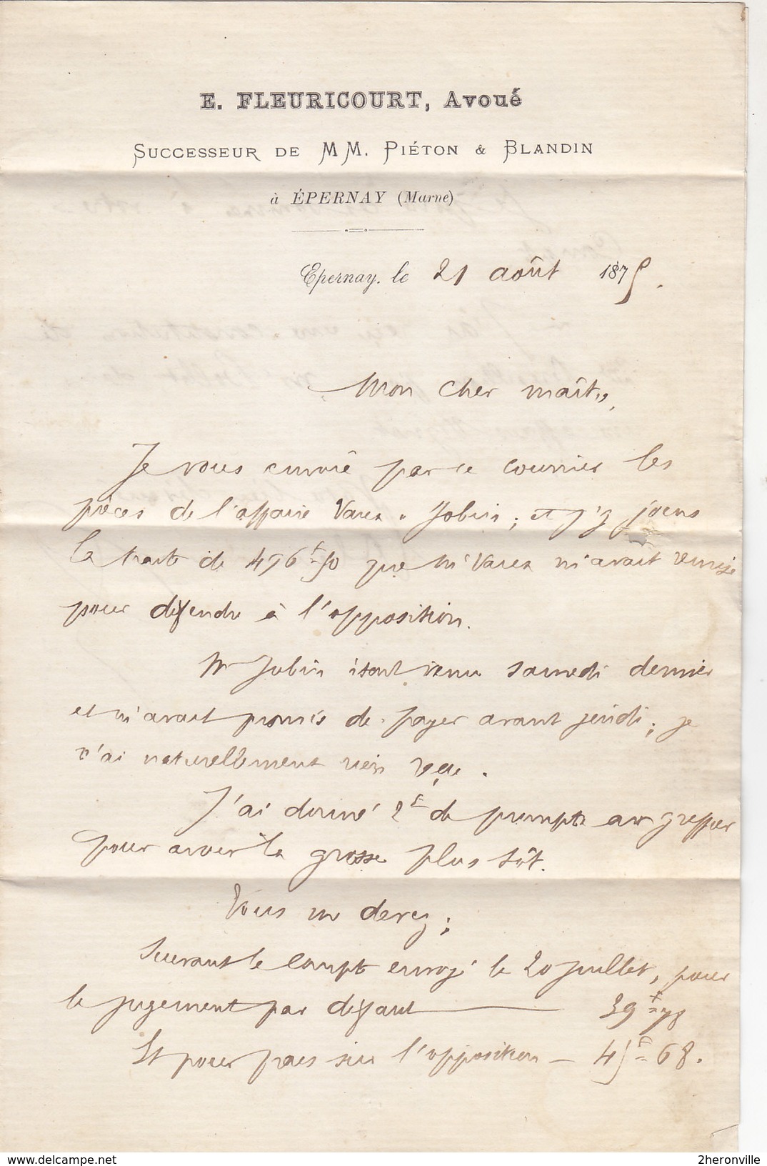 Lettre D'Avoué  De 1875 - EPERNAY (Marne) - E. FLEURICOURT Successeur De M. PIETON & BLANDIN - 1800 – 1899