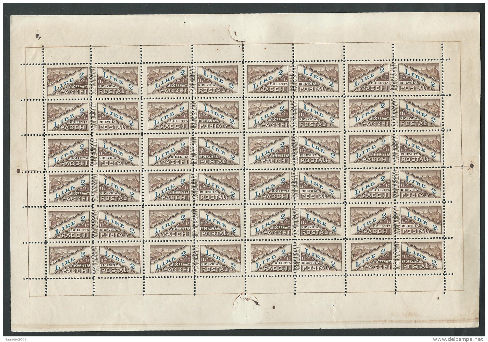 1946 SAN MARINO FOGLIETTO PACCHI POSTALI 2 LIRE CARTA BIANCA MNH ** - F - Spoorwegzegels