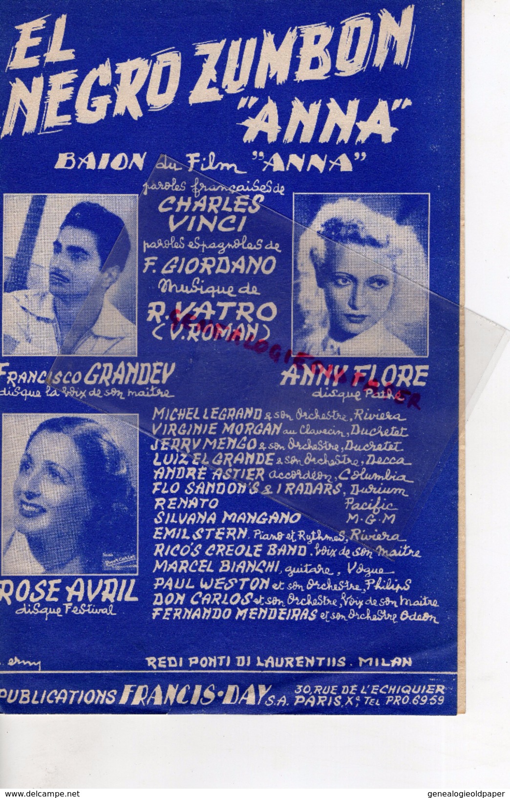 PARTITION MUSICALE-EL NEGRO ZUMBON- ANNA- CHARLES VINCI-FRANCISCO GRANDEY-ANNY FLORE-ROSE AVRIL-GIORDANO-VATRO-DAY - Partitions Musicales Anciennes