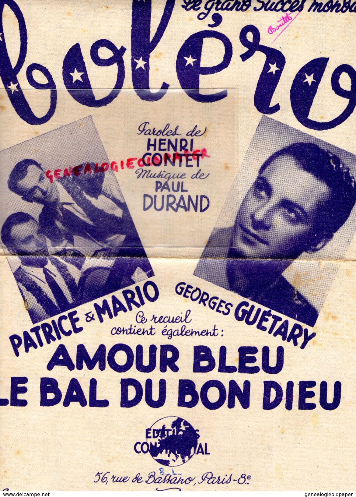 PARTITION MUSICALE-BOLERO-HENRI CONTET-PAUL DURAND-GEORGES GUETARY-PATRICE ET MARIO-AMOUR BLEU LE BAL DU BON DIEU- - Partitions Musicales Anciennes