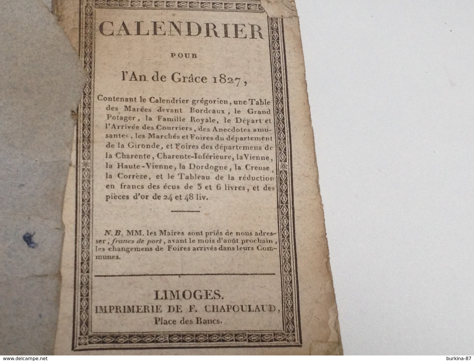 CALENDRIER, Almanach , Pour L'an De Grâce, 1827, 35 Pages - Petit Format : ...-1900