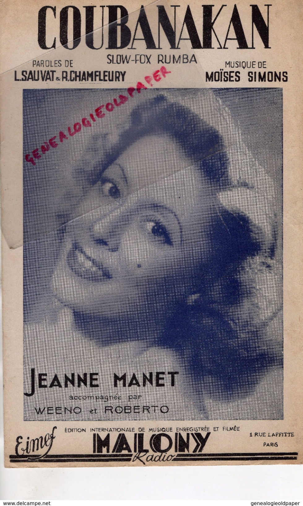 PARTITION MUSICALE-COUBANAKAN-SLOW FOX RUMBA-JEANNE MANET-WEENO ET ROBERTO-L.SAUVAT -R.CHAMFLEURY-MOISES SIMONS-1945 - Partitions Musicales Anciennes
