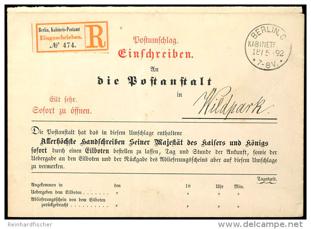 "BERLIN C. KABINETT-P.A. 18.5.92" Klar Auf R-Vordruckbrief "Postumschlag... An Die Postanstalt" Mit Entsprechendem... - Other & Unclassified