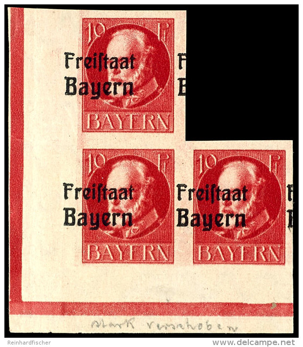 10 Pfg Ludwig, Aufdruck "Freistaat Bayern", Im Dreierblock Aus Linker Unterer Bogenecke, Abart "horizontal... - Other & Unclassified