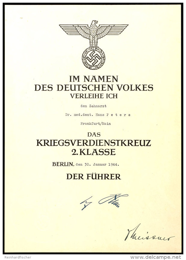 Verleihungsurkunde Kriegsverdienstkreuz 2. Klasse, Datiert Berlin Den 30. Januar 1944, Mit Gro&szlig;em... - Unclassified