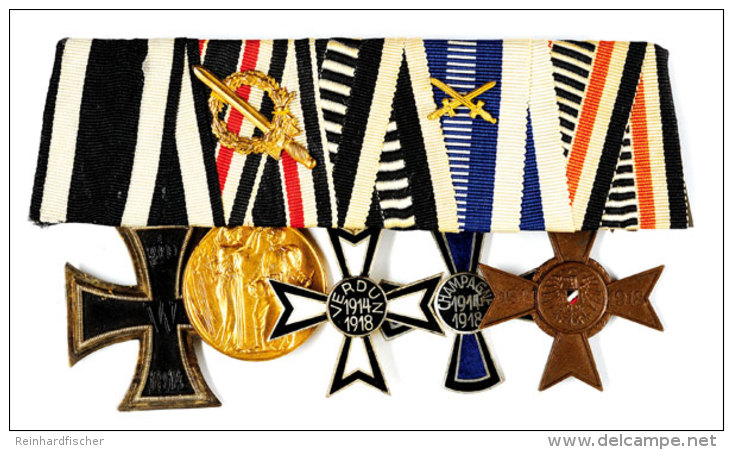 F&uuml;nferspange Mit EK2 (1914), Medaille F&uuml;rs Vaterland, Verdun-Kreuz, Champagne-Kreuz, Ehrenbund Der... - Unclassified