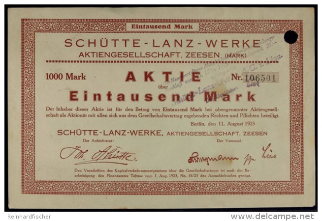 Zeesen 1923, Sch&uuml;tte-Lanz-Werke AG, Gr&uuml;nder-Aktie &uuml;ber 1000 Mark, Format Ca. Din A5 Quer, Gute... - Unclassified