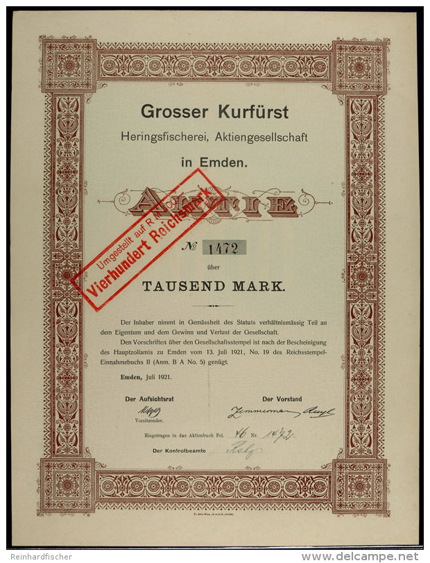 Emden 1921, Grosser Kurf&uuml;rst Heringsfischerei AG, Aktie &uuml;ber 1000 Mark, Gute Erhaltung, Dekoratives... - Unclassified