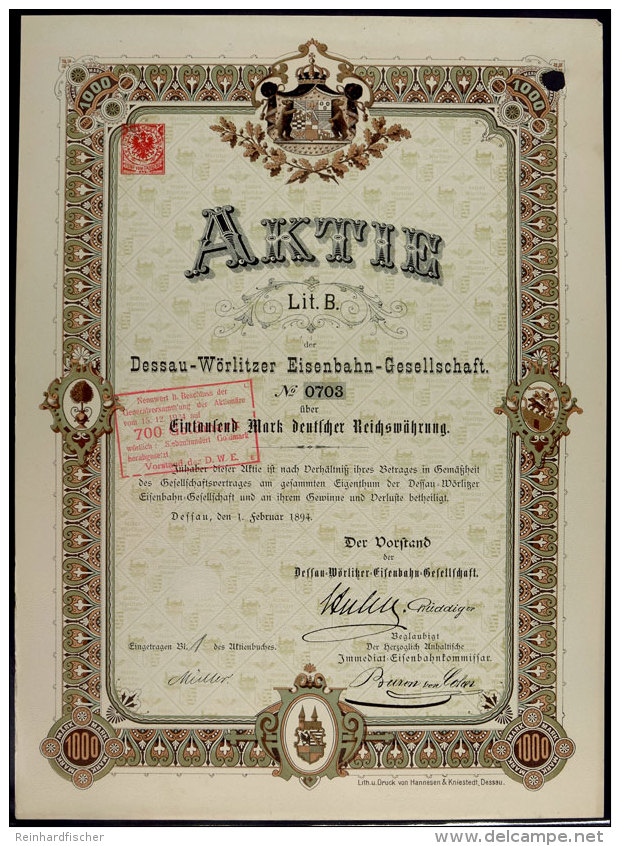 Dessau 1894, Dessau-W&ouml;rlitzer Eisenbahn-Gesellschaft, Gr&uuml;nder-Aktie &uuml;ber 1000 Mark, Gute Erhaltung,... - Unclassified