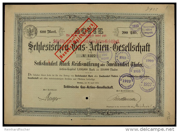 Breslau 1874, Schlesische Gas-Aktien-Gesellschaft, Aktie &uuml;ber 200 THALER (= 600 Mark Reichsw&auml;hrung),... - Unclassified