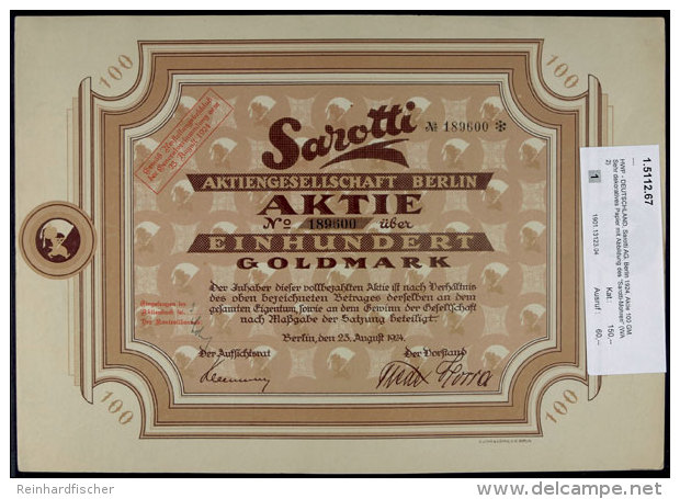 Berlin 1924, Sarotti AG, Aktie &uuml;ber 100 Goldmark, Sehr Gute Erhaltung, Sehr Dekoratives Papier Mit Abbildung... - Unclassified