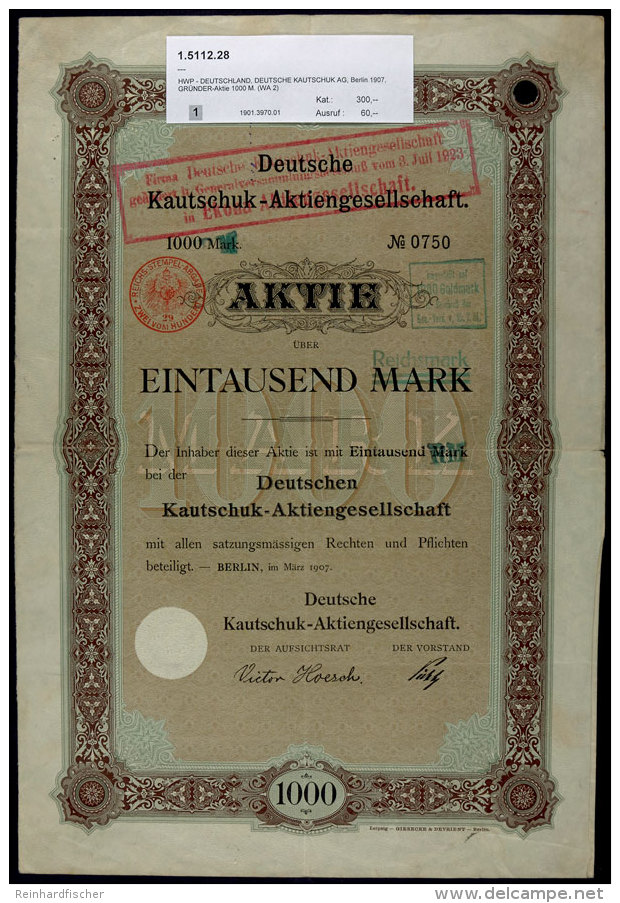 Berlin 1907, DEUTSCHE KAUTSCHUK AG, Gr&uuml;nder-Aktie &uuml;ber 1000 Mark, Wegen Der &Uuml;bergr&ouml;&szlig;e... - Unclassified