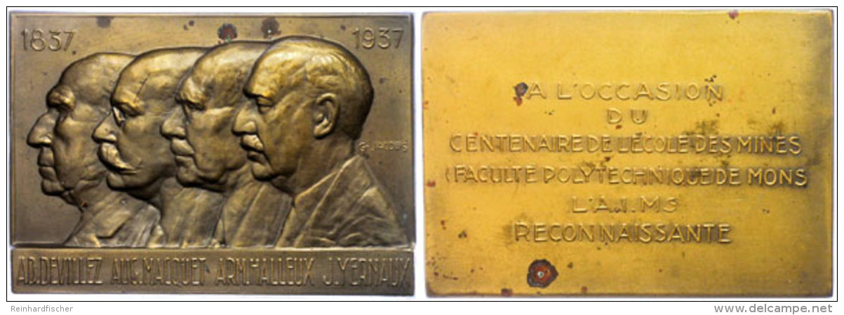 Belgien, Rechteckige Bronzeplakette (ca. 84,10x59,60mm, Ca. 186,52g), 1937, Von G. Jacobs. Av: Vier Brustbilder... - Other & Unclassified