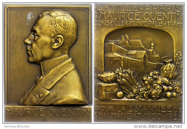 Frankreich, Rechteckige Bronzeplakette (ca. 72x54,70mm, Ca. 132,41g), 1926, Von H. Nocq, Auf Marice Quentin. Av:... - Other & Unclassified