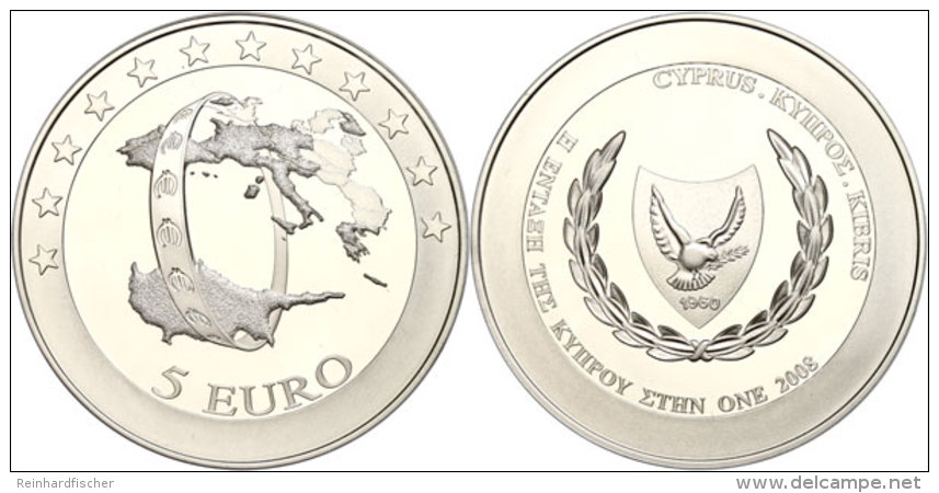 5 Euro, 2008, Inselkarte Von Zypern Mit W&auml;hrungsband, Sch&ouml;n 99, KM 88, Mit Zertifikat In... - Cyprus