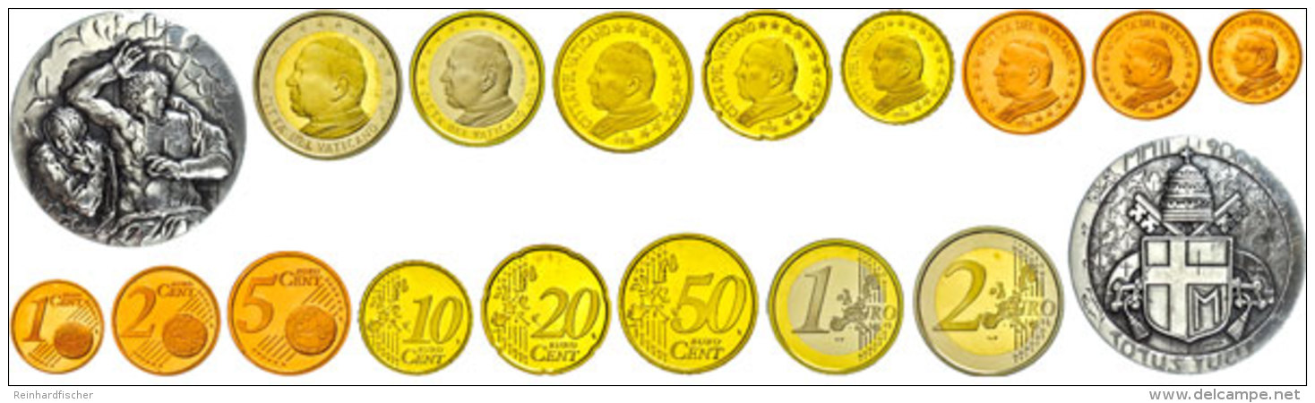 1 Cent Bis 2 Euro, 2002, Johannes Paul II., KMS Mit Silbermedaille, Mit Zertifikat (beschriftet) In... - Vatican