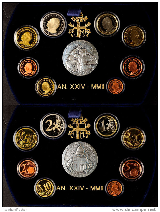 1 Cent Bis 2 Euro, 2002, Johannes Paul II., KMS Mit Silbermedaille In Blauer Samtschatulle Mit OVP (stark... - Vatican