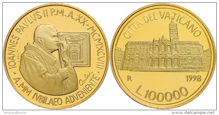 100 000 Lire, Gold, 1998, Basilica Di Santa Maria Maggiore, 917er Gold, 15 G, Fb. 430, KM 302, In Kapsel, In... - Vatican