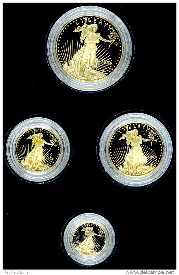 Set Zu 1/10, 1/4, 1/2 Und 1 Unze, Gold, 1996, American Eagle, Insgesamt 57,52g Fein, Mit Zertifikat Im Blauen... - Other & Unclassified