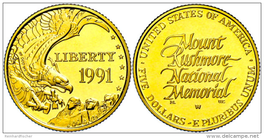5 Dollars, Gold, 1991, Mount Rushmore, KM 230, In Keppel, PP.  PP5 Dollars, Gold, 1991, Mount Rushmore, KM 230,... - Other & Unclassified