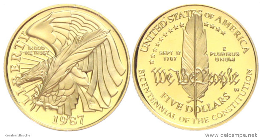 5 Dollars, Gold, 1987, Verfassung, KM 221, 7,5g Fein, Mit Zertifikat In Ausgabeschatulle Und Schachtel, PP. ... - Other & Unclassified