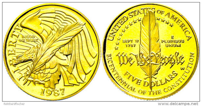5 Dollars, Gold, 1987, Verfassung, KM 221, 7,5g Fein, Mit Zertifikat In Ausgabeschatulle Und Schachtel, PP. ... - Other & Unclassified