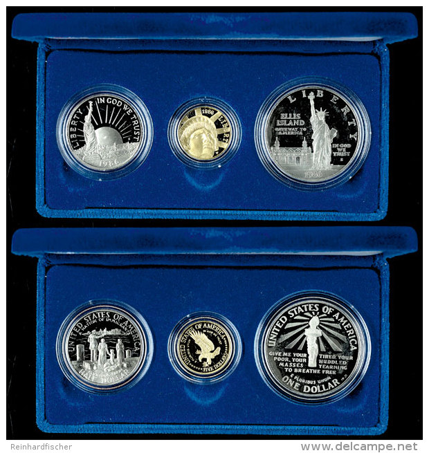 Set Zu 1/2 Und 1 Dollar Silber Sowie 5  Dollars Gold, 1986, Unabh&auml;ngigkeit, Mit Zertifikat In... - Other & Unclassified