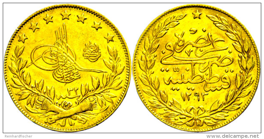 100 Piaster, Gold, 1876-1909 (1293/32 AH), Abdul Harrid II., Randfehler, Ss.  Vz-st100 Piastre, Gold, 1876-1909... - Turquia