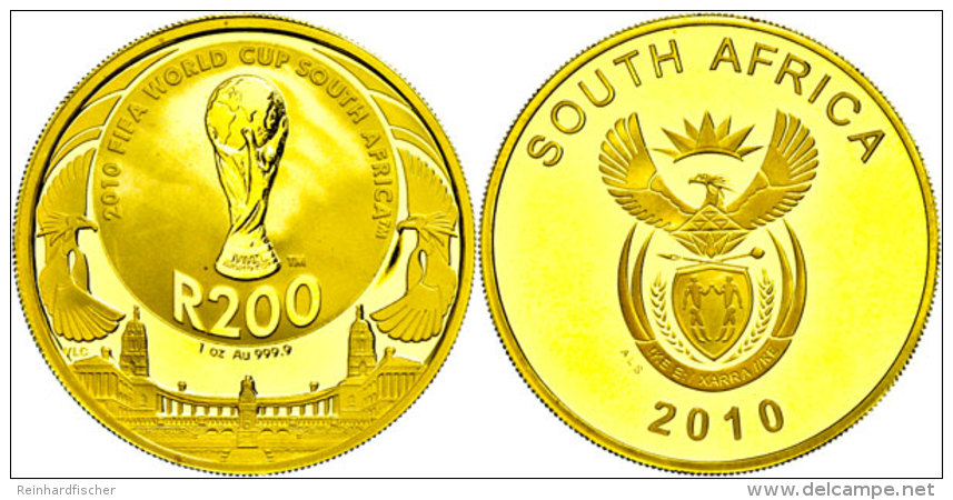 200 Rand, Gold, 2010, Fu&szlig;ball WM, Sch&ouml;n 523, Mit Zertifikat In Ausgabeholzkugel Und Schachtel, PP. ... - South Africa