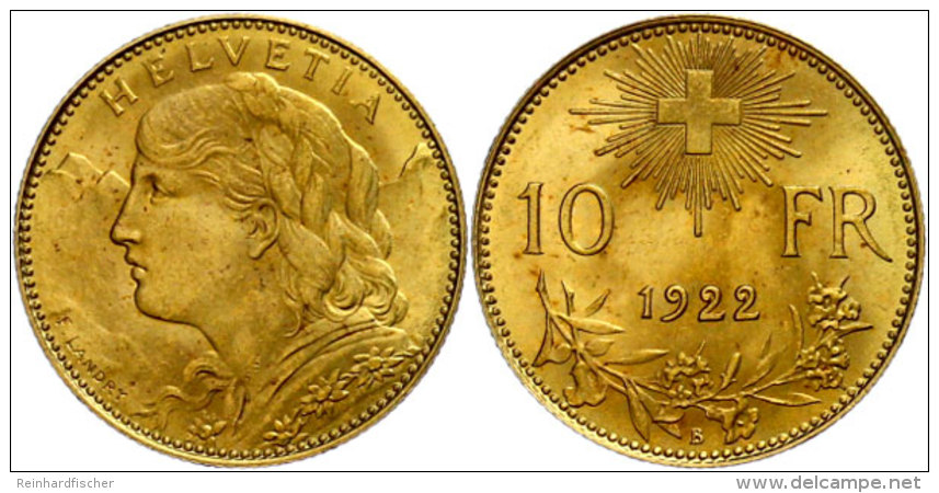 10 Franken, Gold, 1922, Vreneli, Fb. 504, HMZ 2-1196 G, Vz.  Vz10 Franc, Gold, 1922, Vreneli, Fb. 504, HMZ... - Other & Unclassified