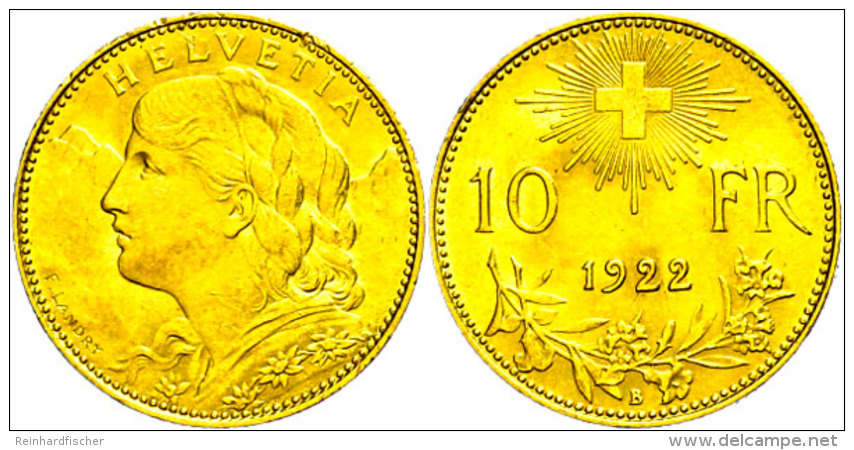 10 Franken, Gold, 1922, Fb. 10, Vz.  Vz10 Franc, Gold, 1922, Fb. 10, Extremley Fine  Vz - Other & Unclassified