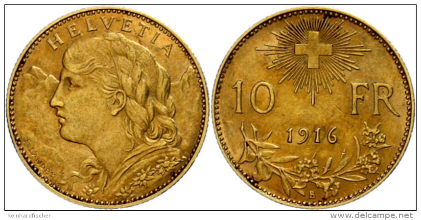 10 Franken, Gold, 1916, Vreneli, Fb. 504, HMZ 2-1196 F, Ss-vz.  Ss-vz10 Franc, Gold, 1916, Vreneli, Fb. 504,... - Other & Unclassified