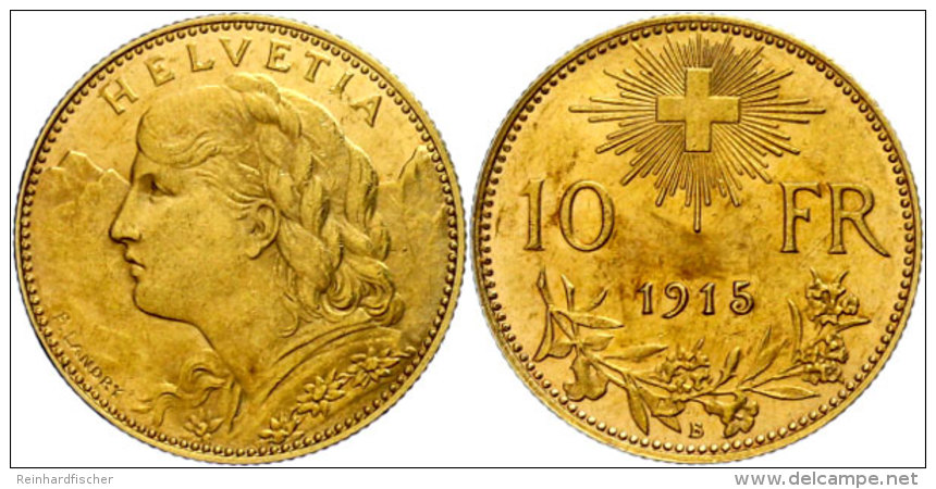 10 Franken, Gold, 1915, Vreneli, Fb. 504, HMZ 2-1196 E, Vz.  Vz10 Franc, Gold, 1915, Vreneli, Fb. 504, HMZ... - Other & Unclassified