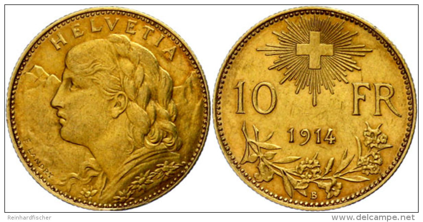 10 Franken, Gold, 1914, Vreneli, Fb. 504, HMZ 2-1196 D, Ss-vz.  Ss-vz10 Franc, Gold, 1914, Vreneli, Fb. 504,... - Other & Unclassified