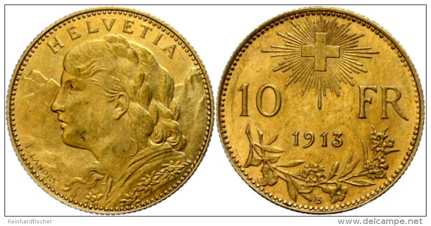 10 Franken, Gold, 1913, Vreneli, Fb. 504, HMZ 2-1196 C, Vz.  Vz10 Franc, Gold, 1913, Vreneli, Fb. 504, HMZ... - Other & Unclassified