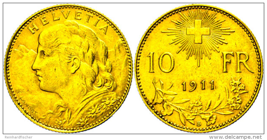 10 Franken, Gold, 1911, Vreneli, Fb. 503, HMZ 2-1196 A, Ss.  Ss10 Franc, Gold, 1911, Vreneli, Fb. 503, HMZ... - Other & Unclassified