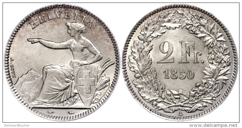 2 Franken, 1850, "Sitzende Helvetia", A, Vz.-st. In Dieser Erhaltung Seltenes St&uuml;ck.  Vz-st2 Franc, 1850,... - Other & Unclassified